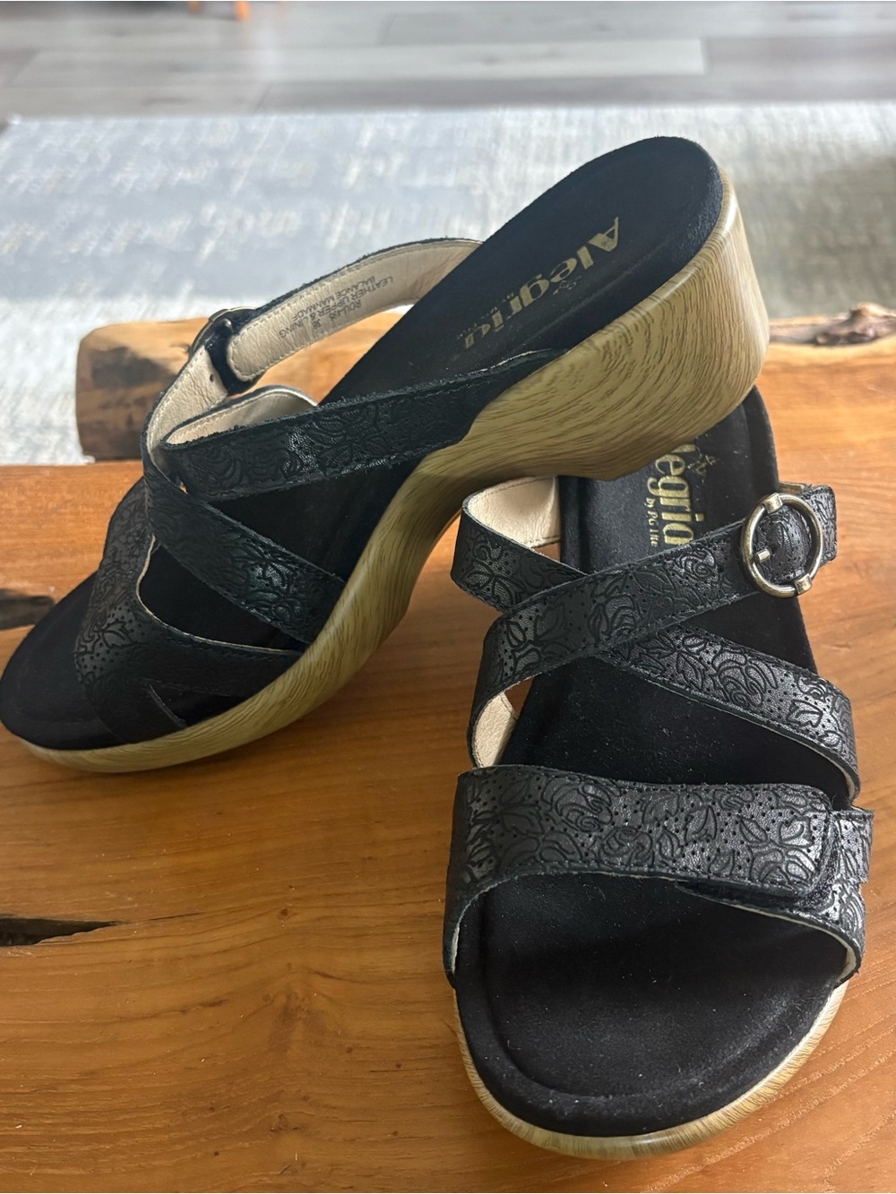Alegria Black Strappy Wedge Sandals with Wood-Effect Sole